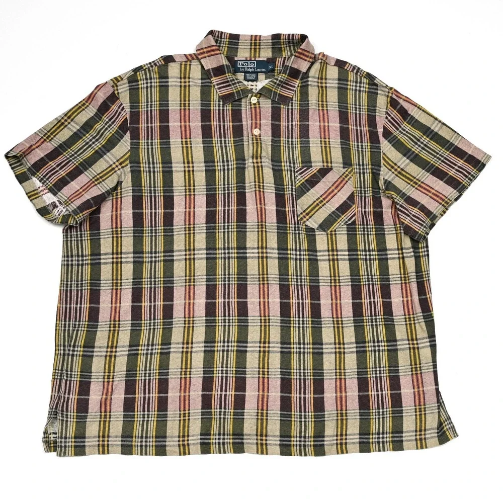 Polo Ralph Lauren Mens Window Plaid Cotton S/S Polo‎ Shirt Pocket Mens XL Preppy